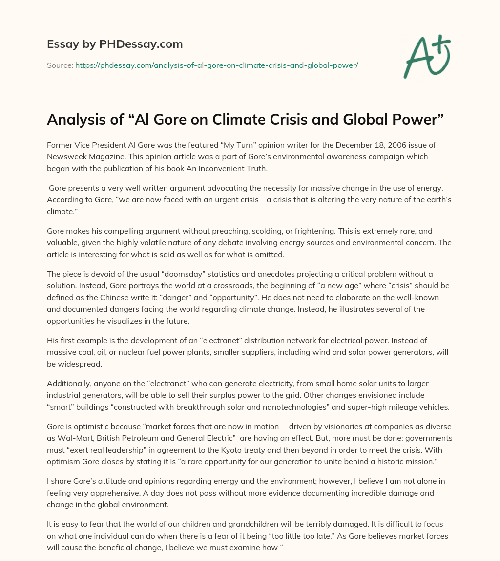 Analysis of “Al Gore on Climate Crisis and Global Power” essay