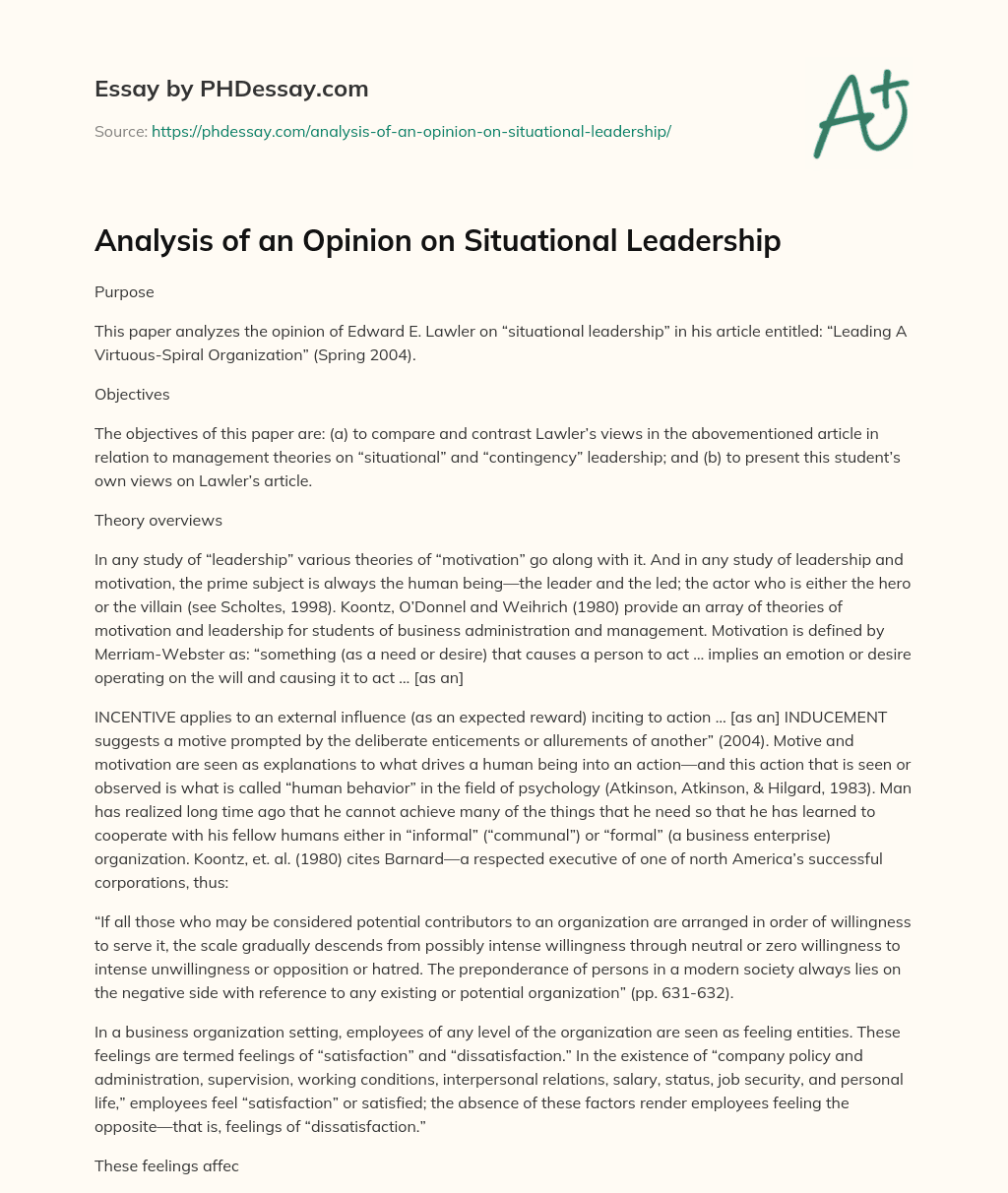 Analysis of an Opinion on Situational Leadership essay