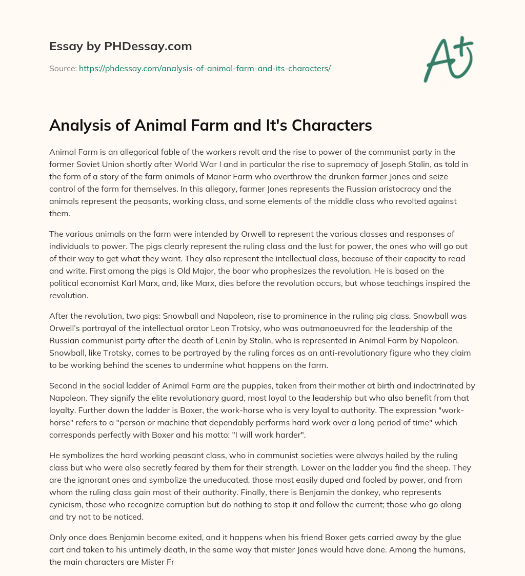Analysis of Animal Farm and It’s Characters essay