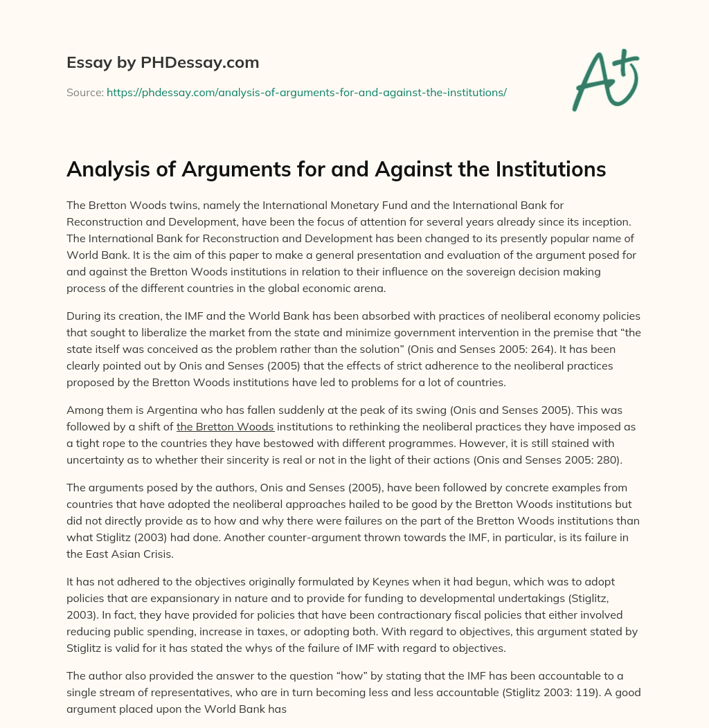 Analysis of Arguments for and Against the Institutions essay