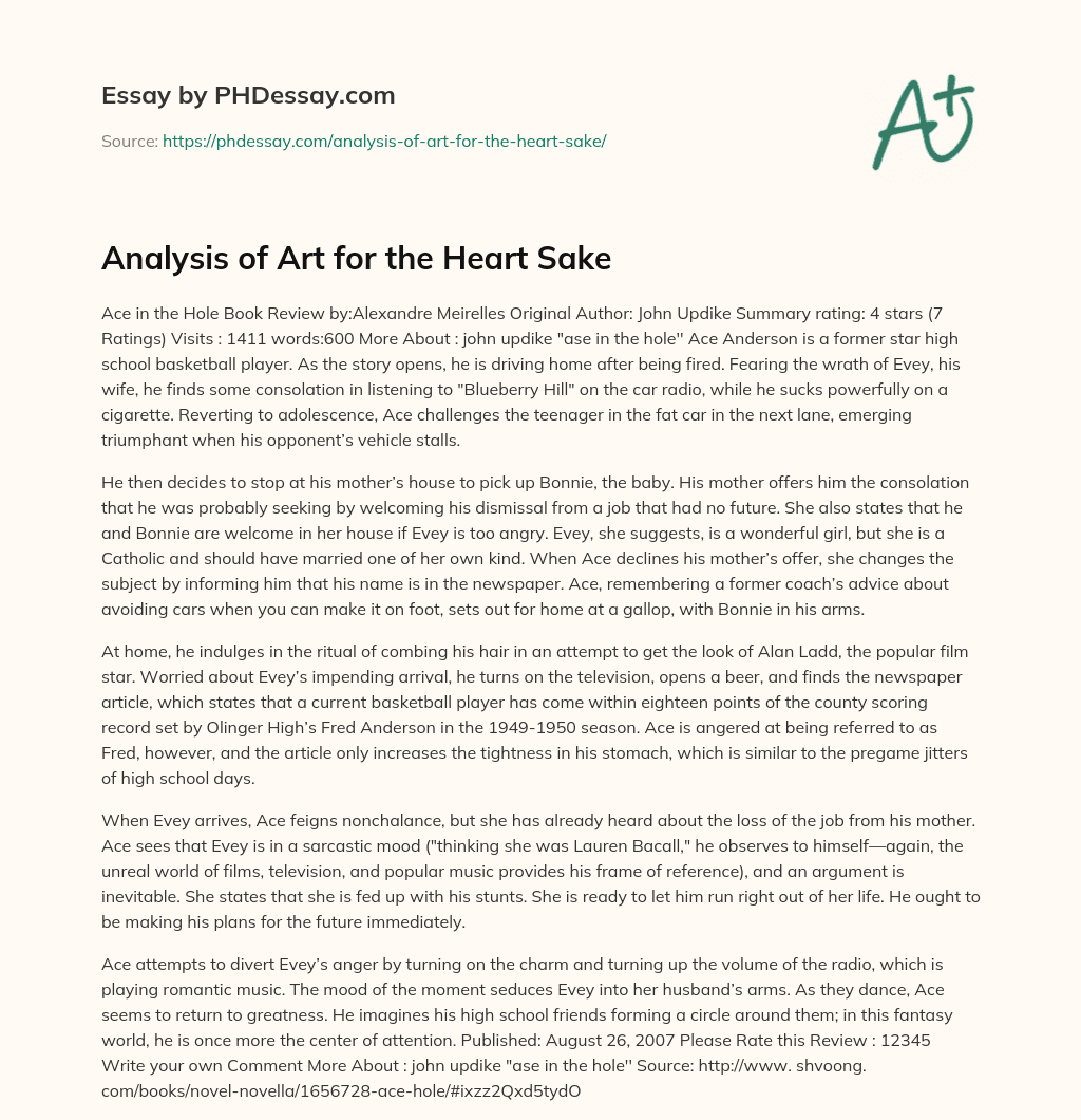 Analysis of Art for the Heart Sake essay