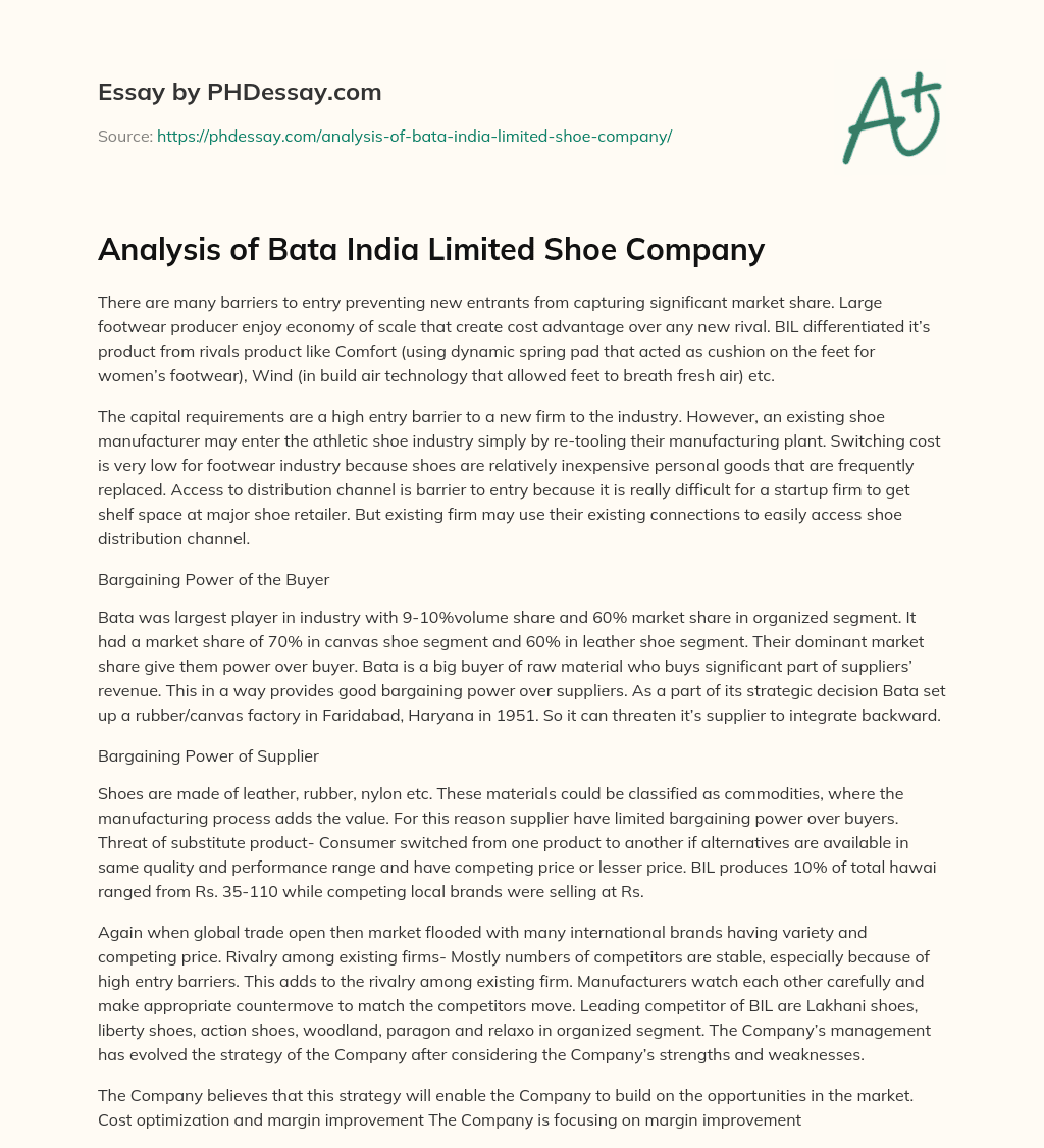 Analysis of Bata India Limited Shoe Company essay
