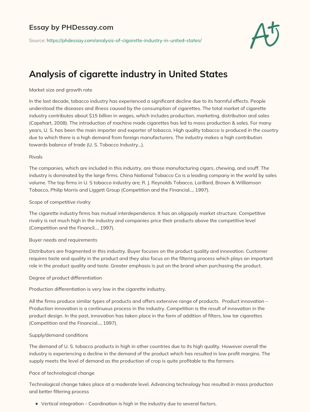 Analysis of cigarette industry in United States essay