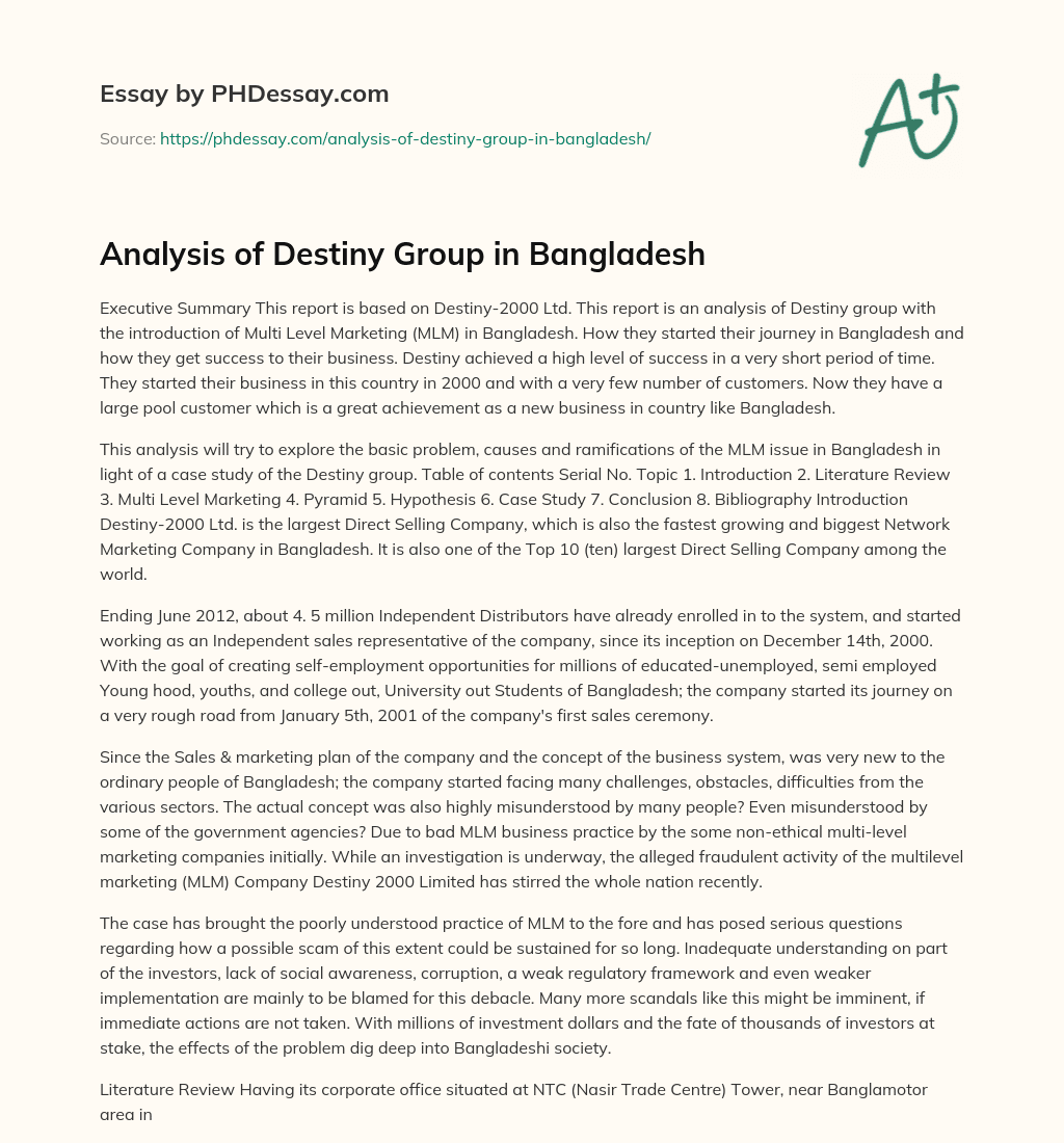 Analysis of Destiny Group in Bangladesh essay
