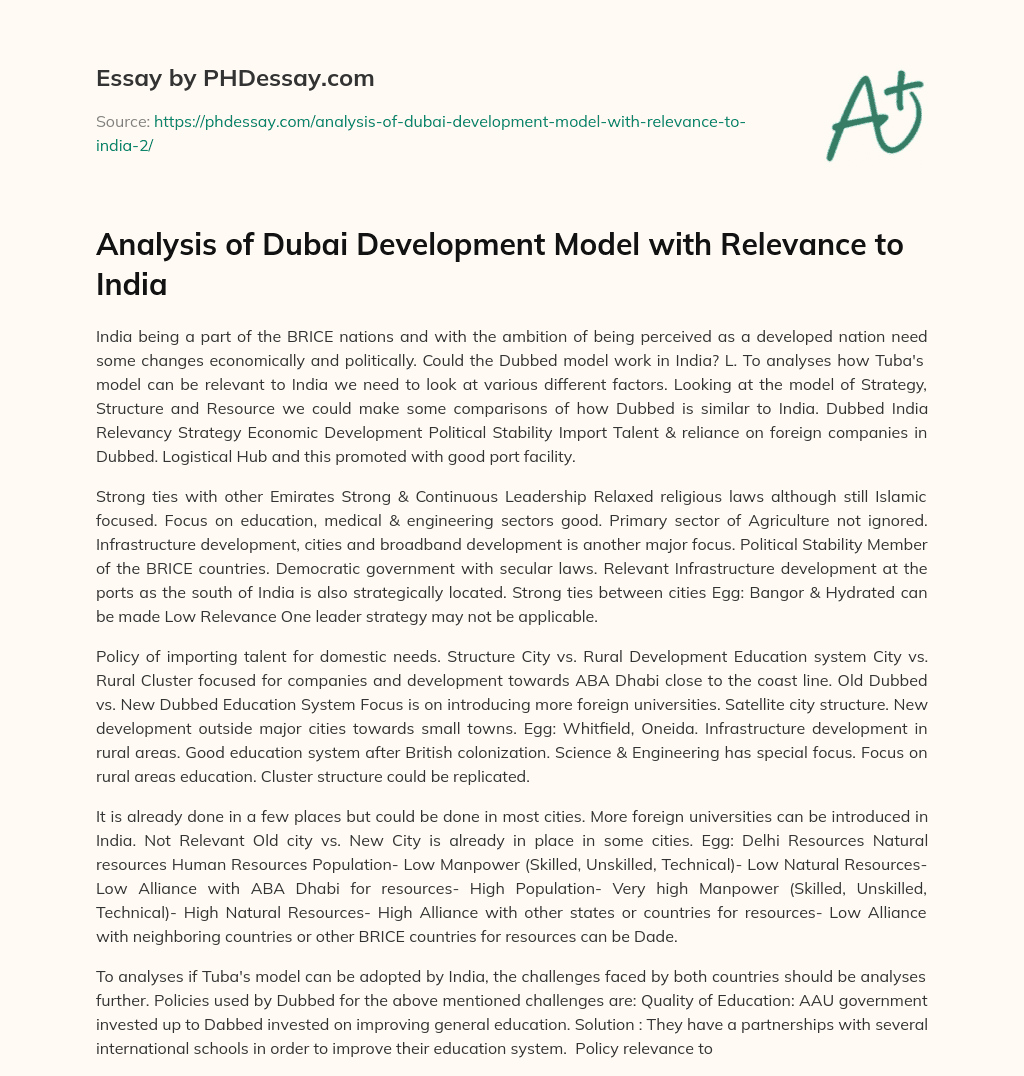 Analysis of Dubai Development Model with Relevance to India essay
