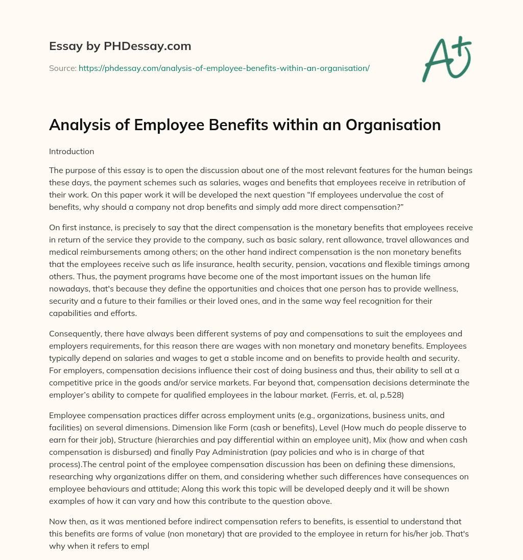 Analysis of Employee Benefits within an Organisation essay