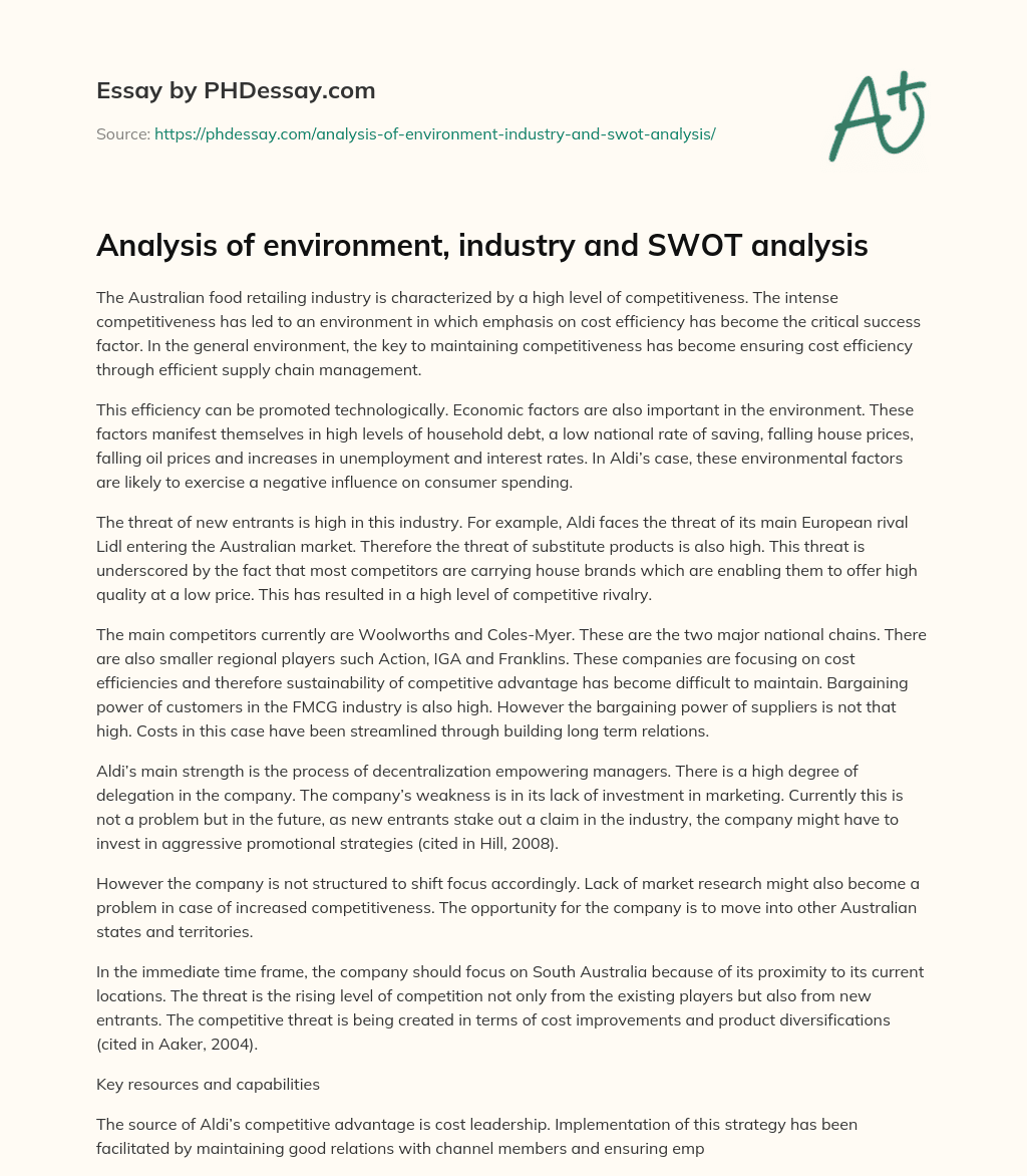 Analysis of environment, industry and SWOT analysis essay