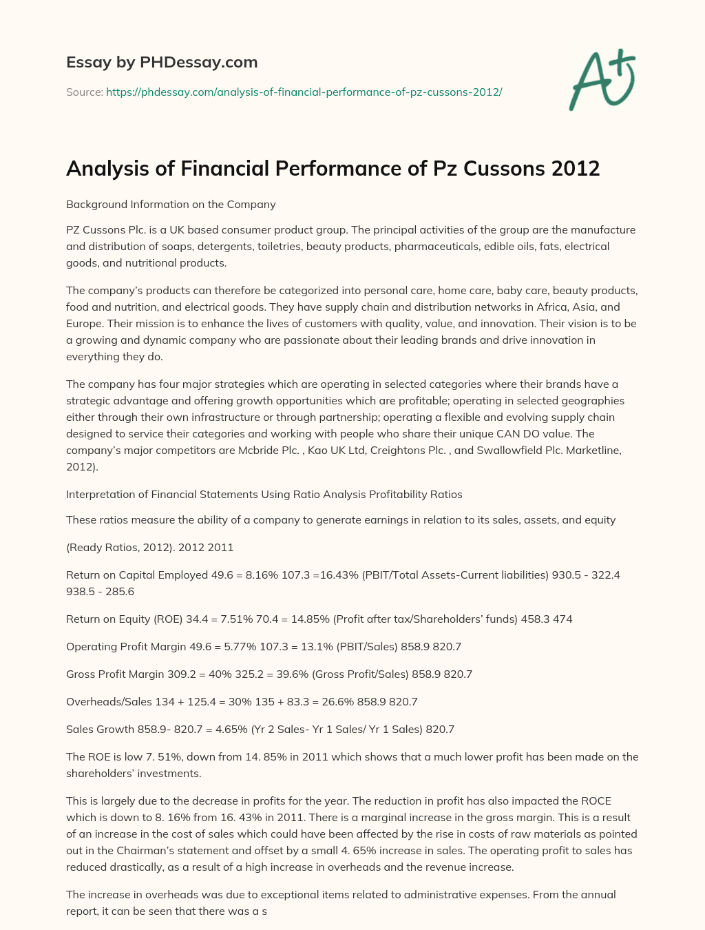Analysis of Financial Performance of Pz Cussons 2012 essay