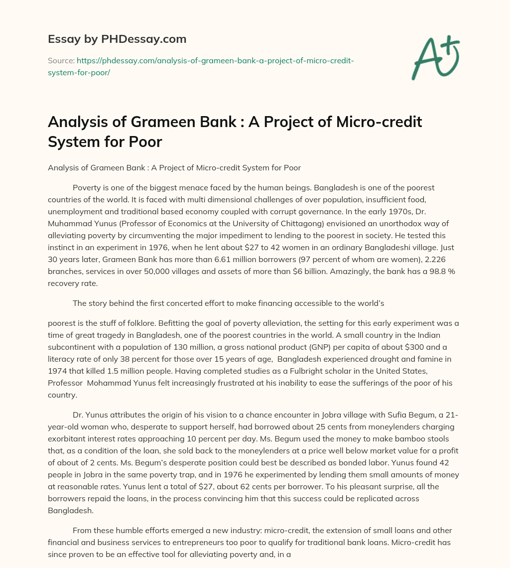 Analysis of Grameen Bank : A Project of Micro-credit System for Poor essay