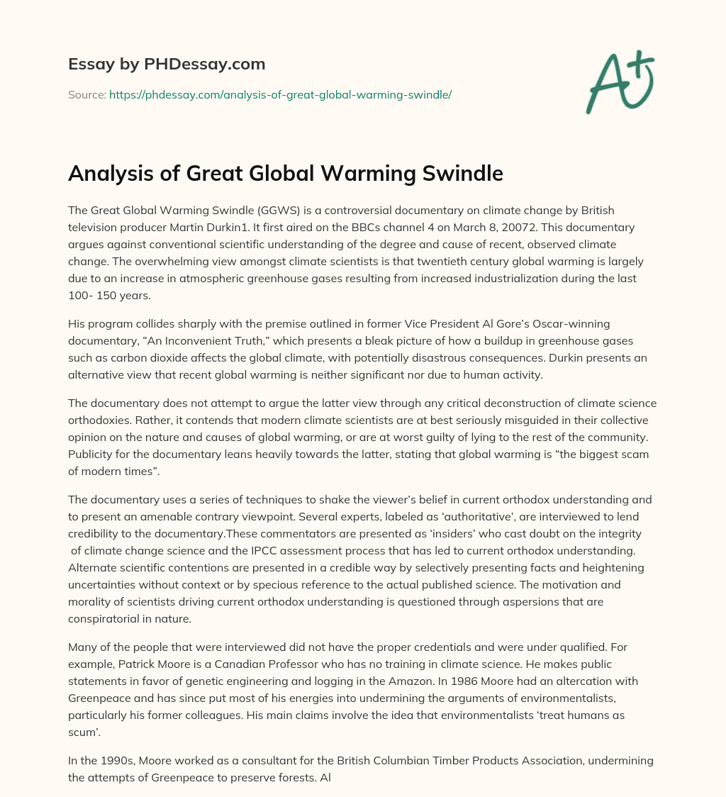 Analysis of Great Global Warming Swindle essay
