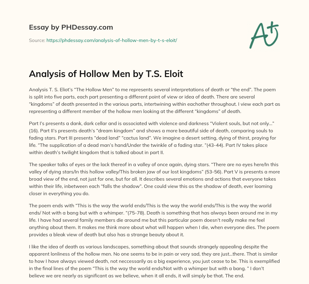 Analysis of Hollow Men by T.S. Eloit essay