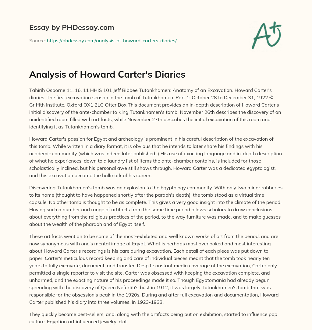 Analysis of Howard Carter’s Diaries essay