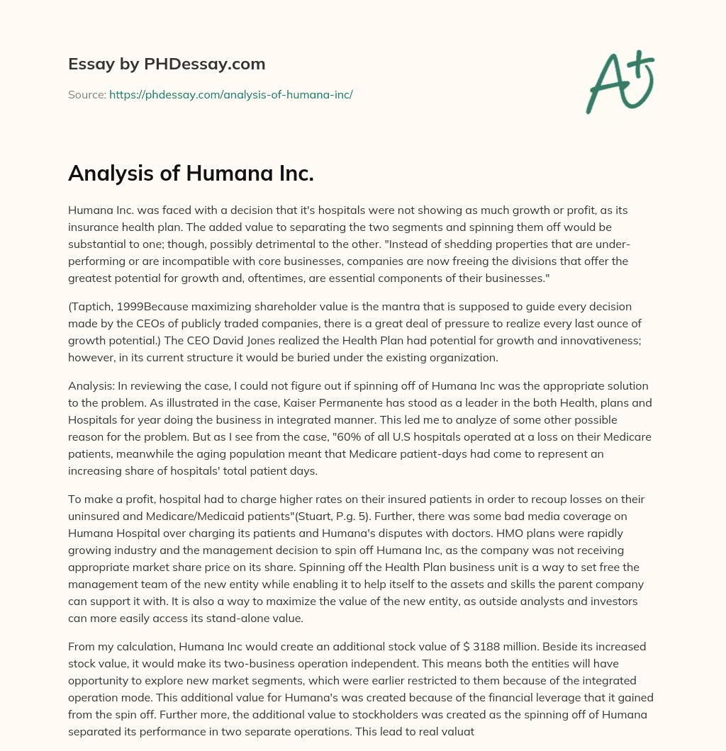 Analysis of Humana Inc. essay
