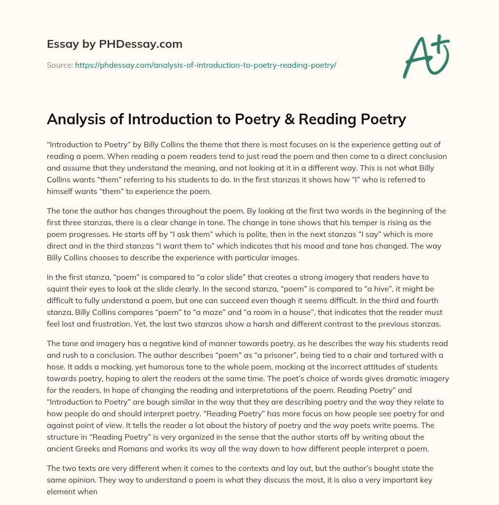 Analysis of Introduction to Poetry & Reading Poetry essay