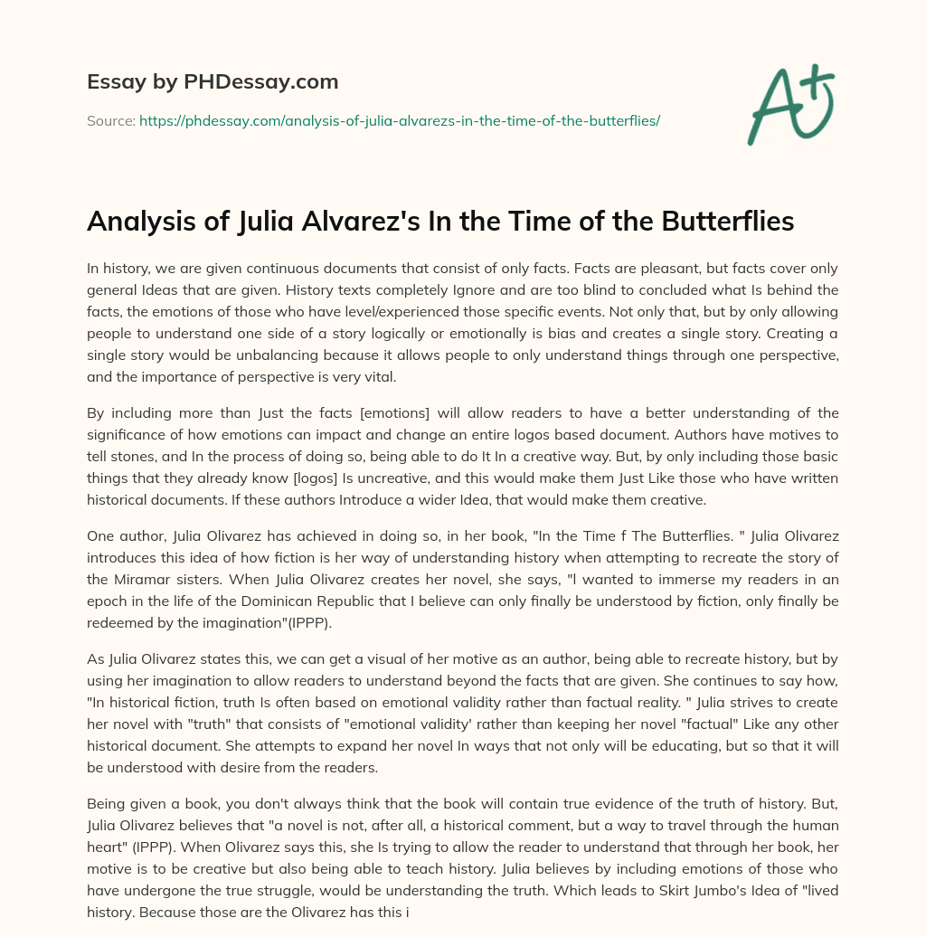 Analysis of Julia Alvarez’s In the Time of the Butterflies essay