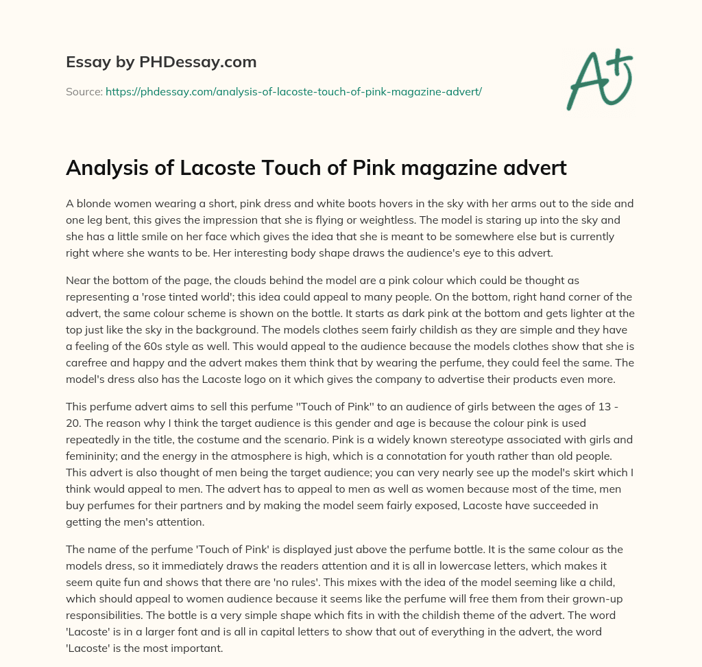 Analysis of Lacoste Touch of Pink magazine advert essay