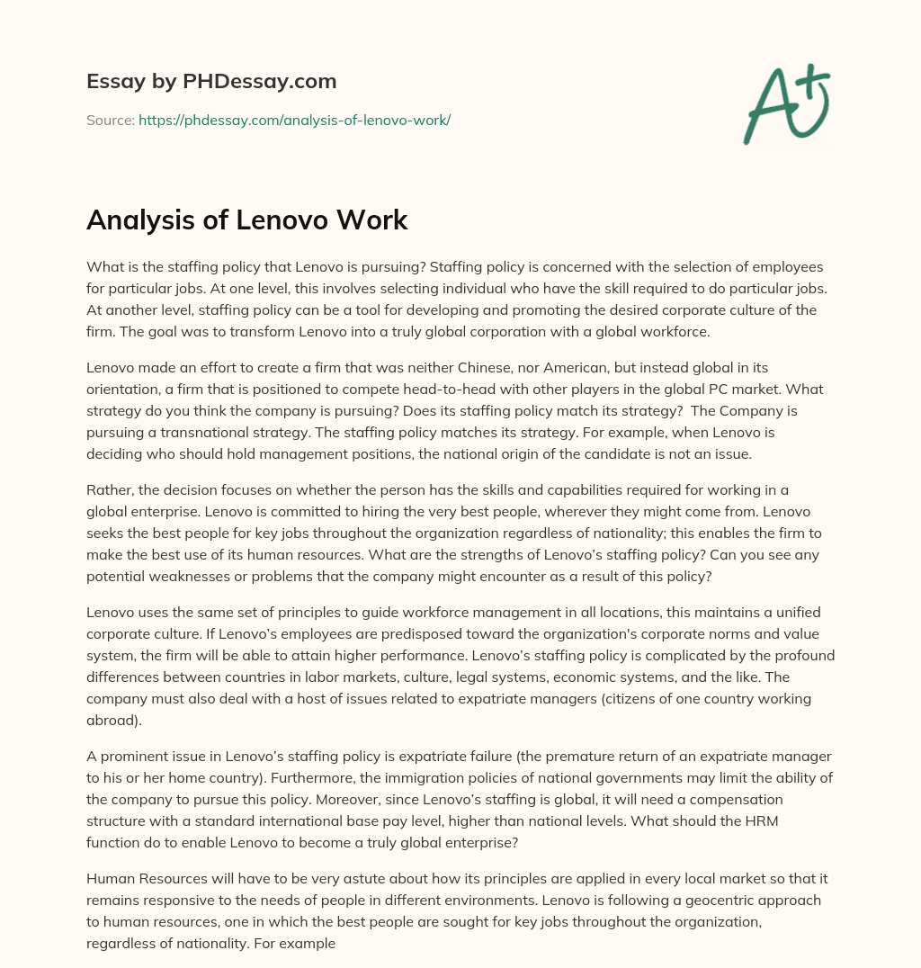 Analysis of Lenovo Work essay