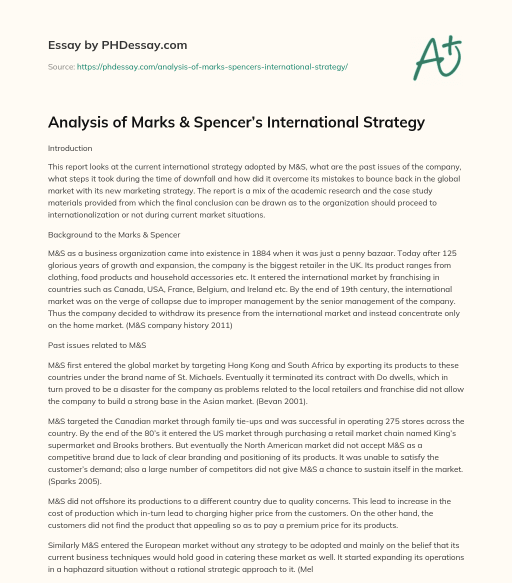 Analysis of Marks & Spencer’s International Strategy essay