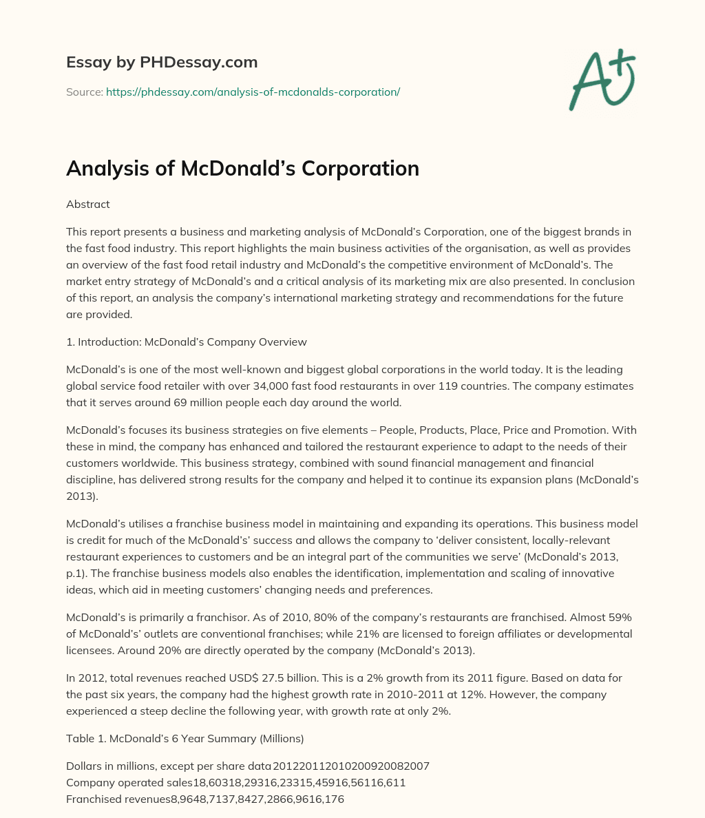 Analysis of McDonald’s Corporation essay