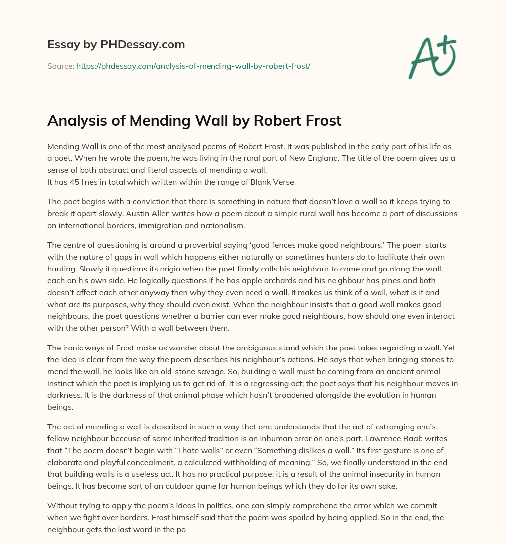 Analysis of Mending Wall by Robert Frost essay