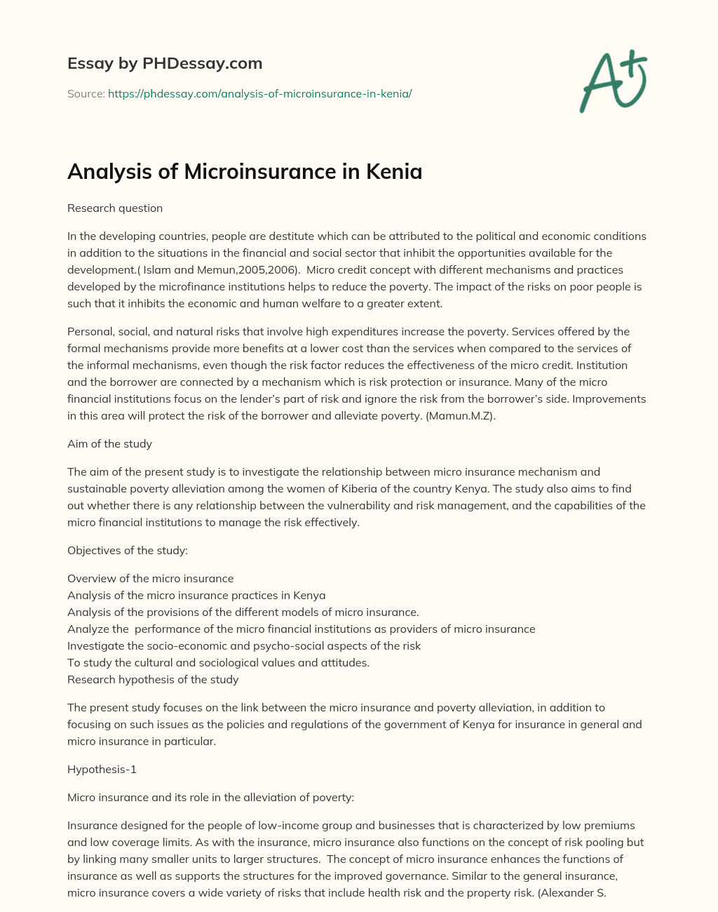 Analysis of Microinsurance in Kenia essay