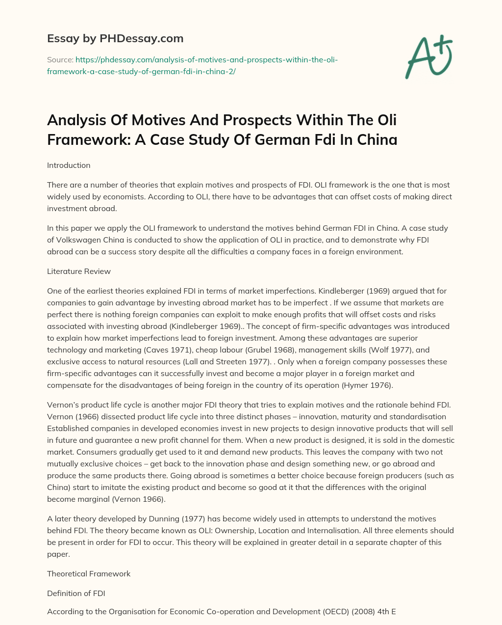 Analysis Of Motives And Prospects Within The Oli Framework: A Case Study Of German Fdi In China essay