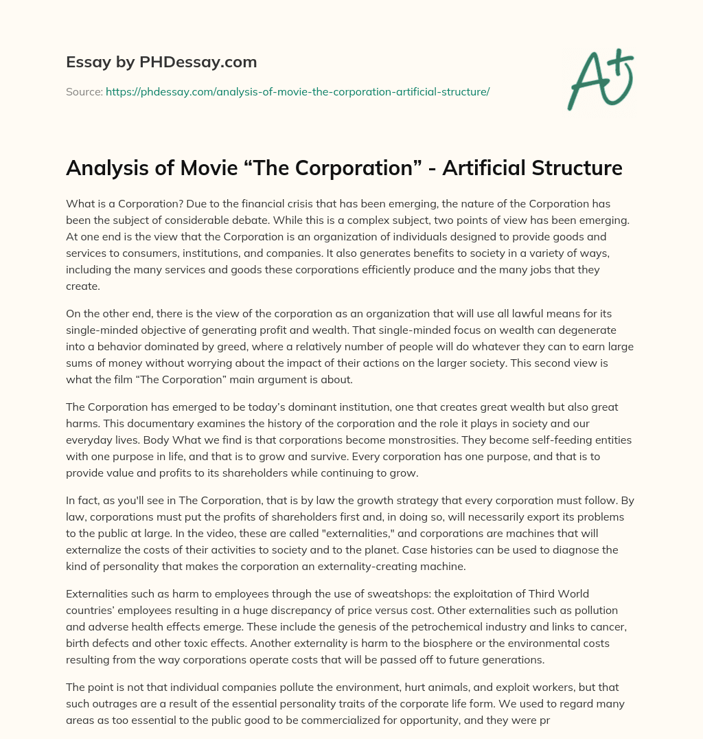 Analysis of Movie “The Corporation” – Artificial Structure essay