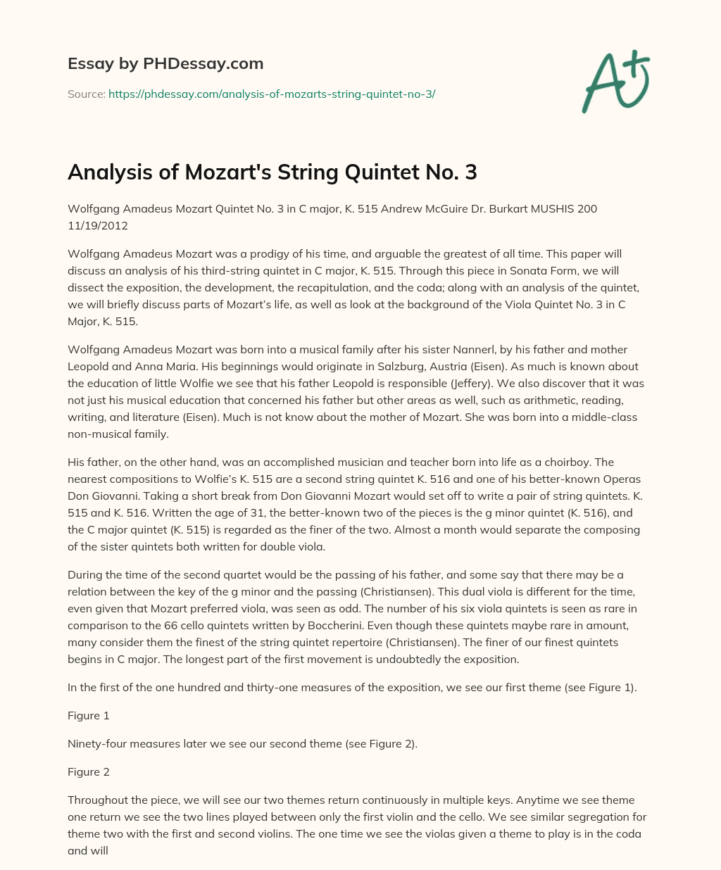 Analysis of Mozart’s String Quintet No. 3 essay