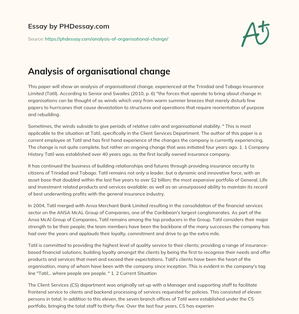Analysis of organisational change essay