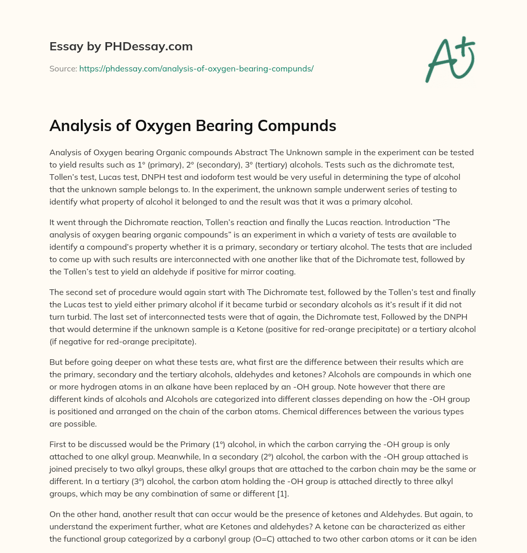 Analysis of Oxygen Bearing Compunds essay