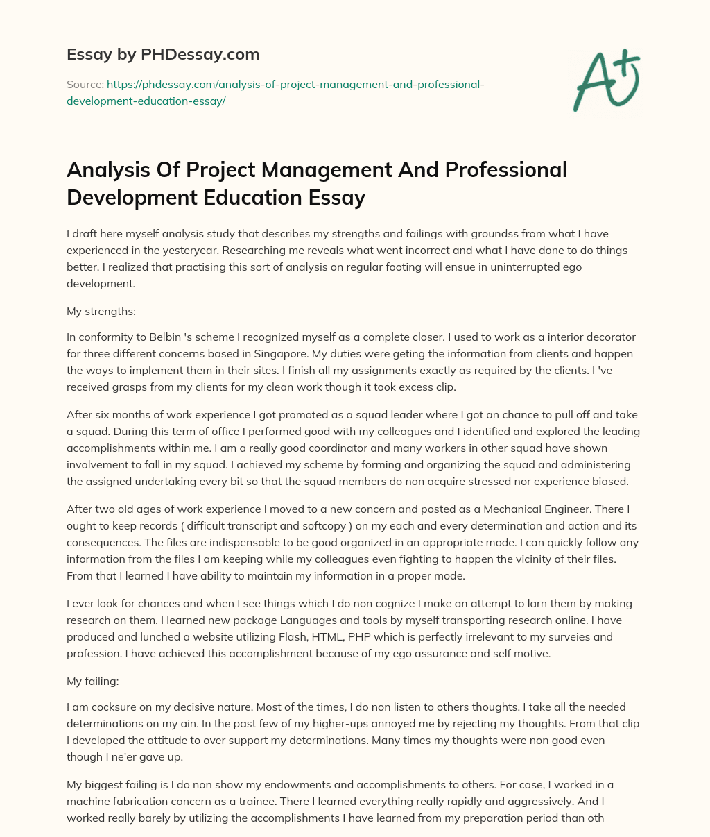 Analysis Of Project Management And Professional Development Education Essay essay