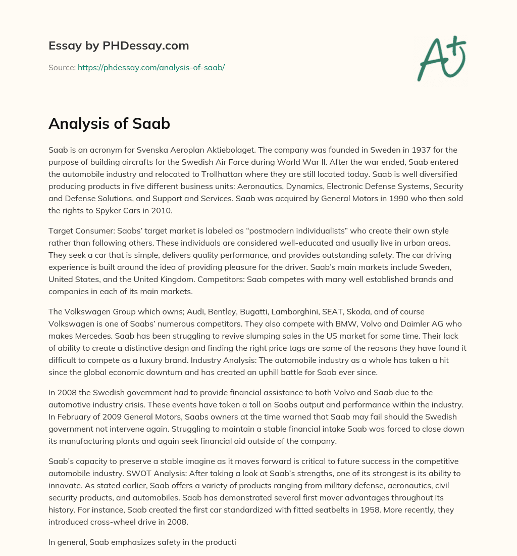 Analysis of Saab essay