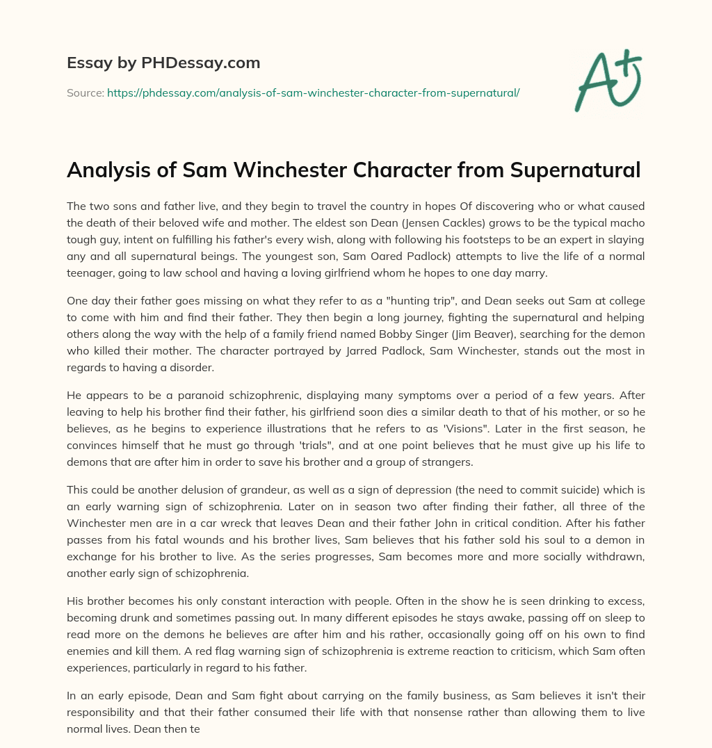 Analysis of Sam Winchester Character from Supernatural essay