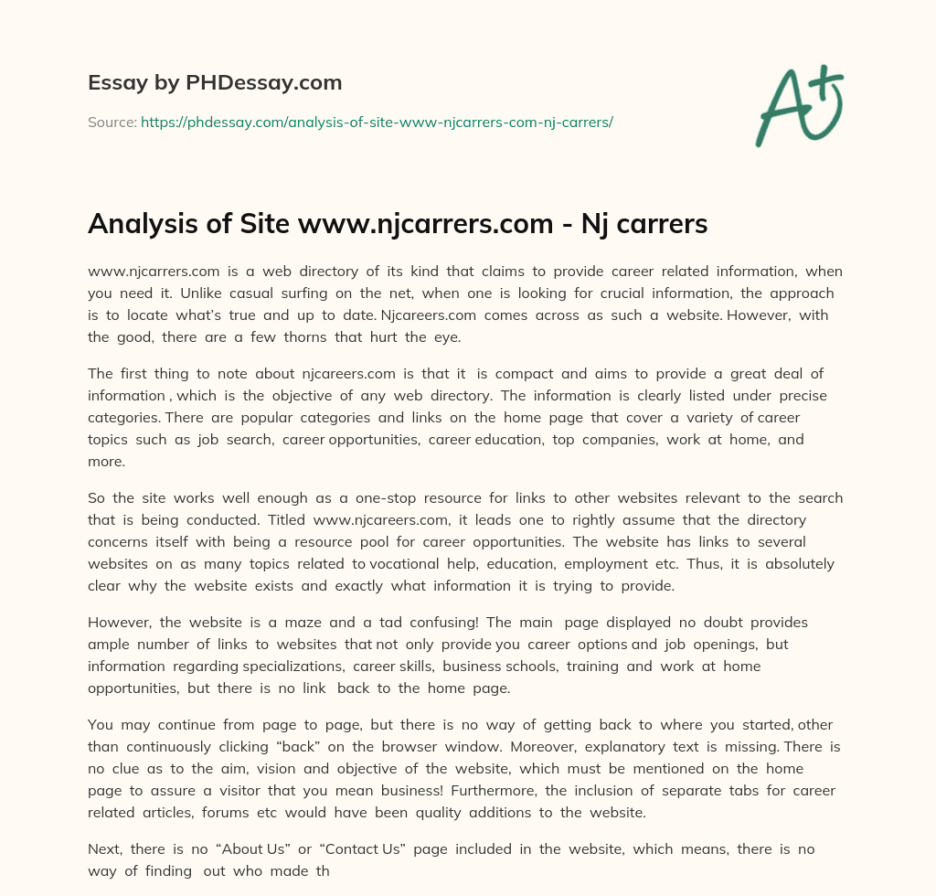 Analysis of Site www.njcarrers.com – Nj carrers essay