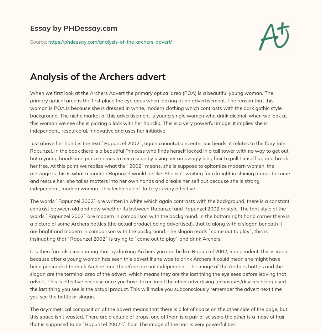 Analysis of the Archers advert essay