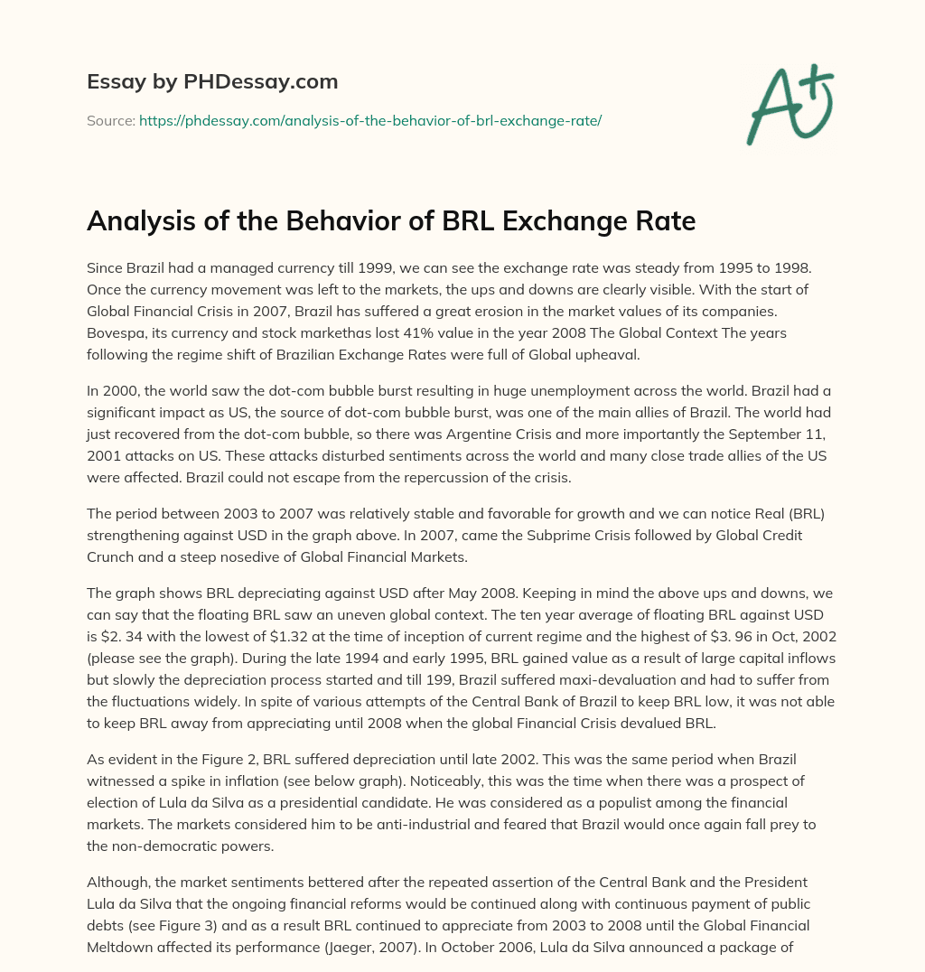Analysis of the Behavior of BRL Exchange Rate essay