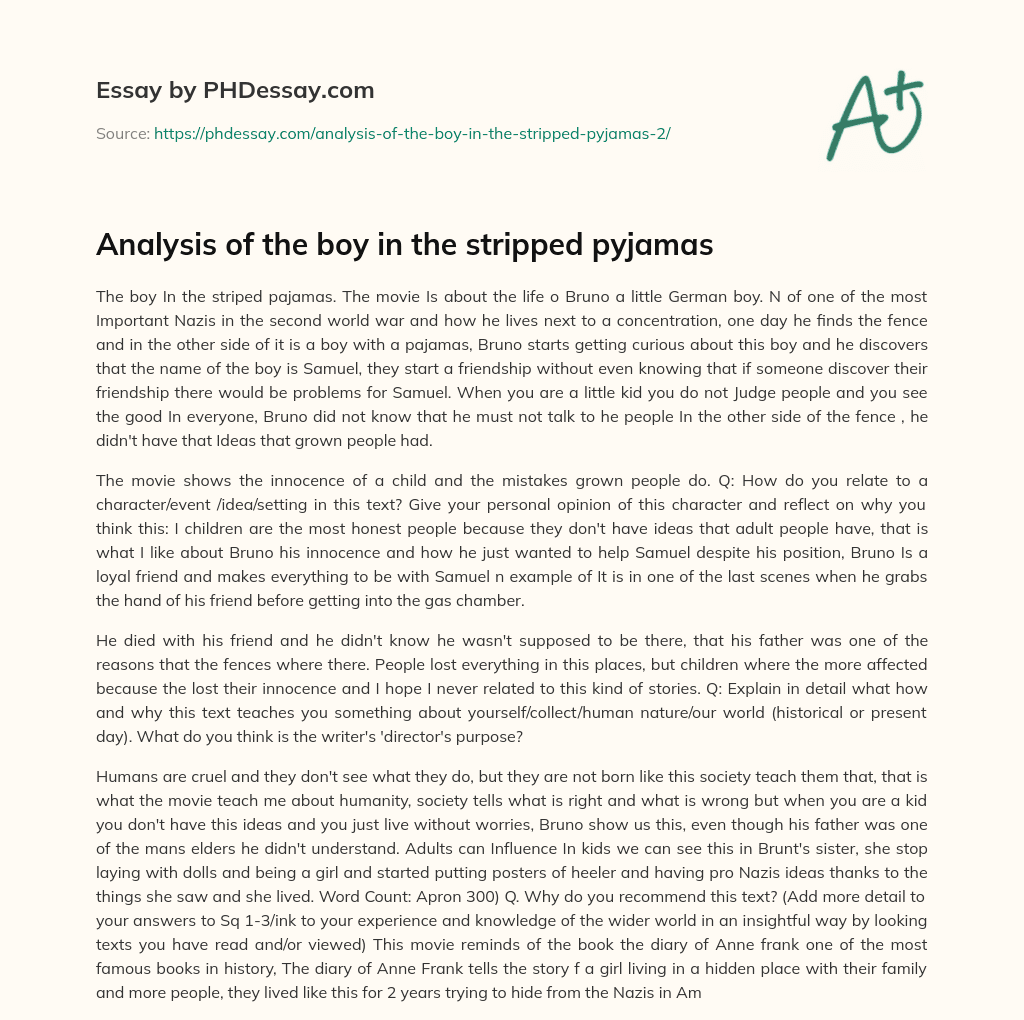 Analysis of the boy in the stripped pyjamas essay