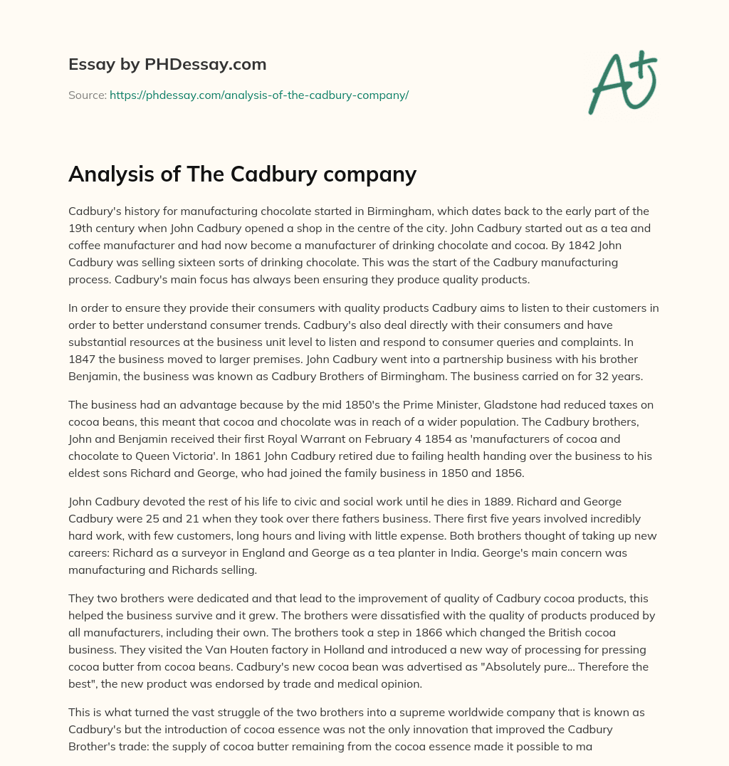 Analysis of The Cadbury company essay