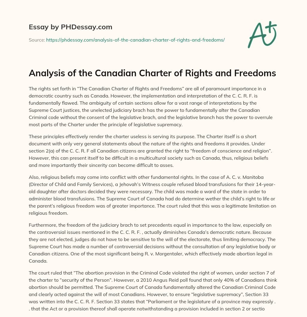 Analysis of the Canadian Charter of Rights and Freedoms essay