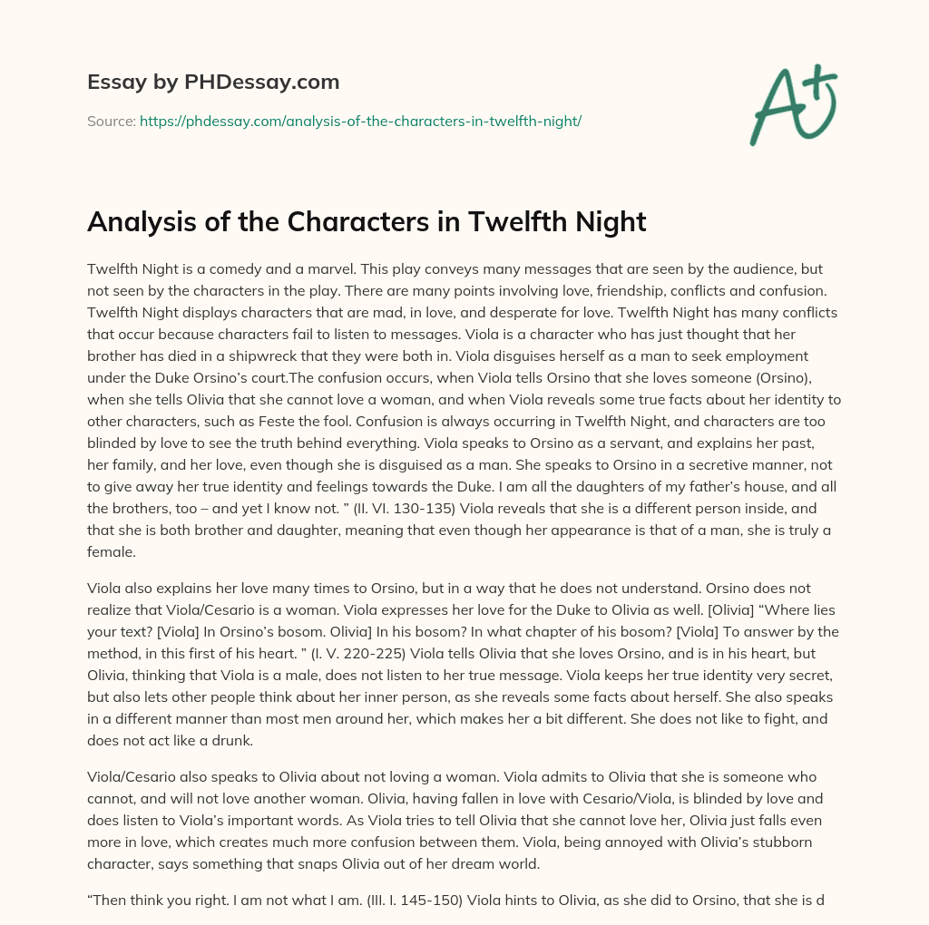 Analysis of the Characters in Twelfth Night essay