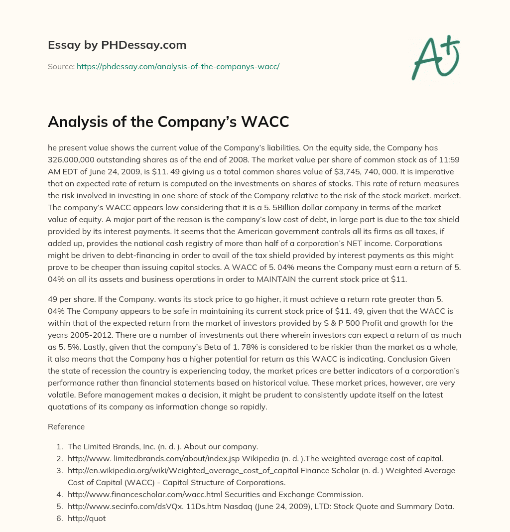Analysis of the Company’s WACC essay