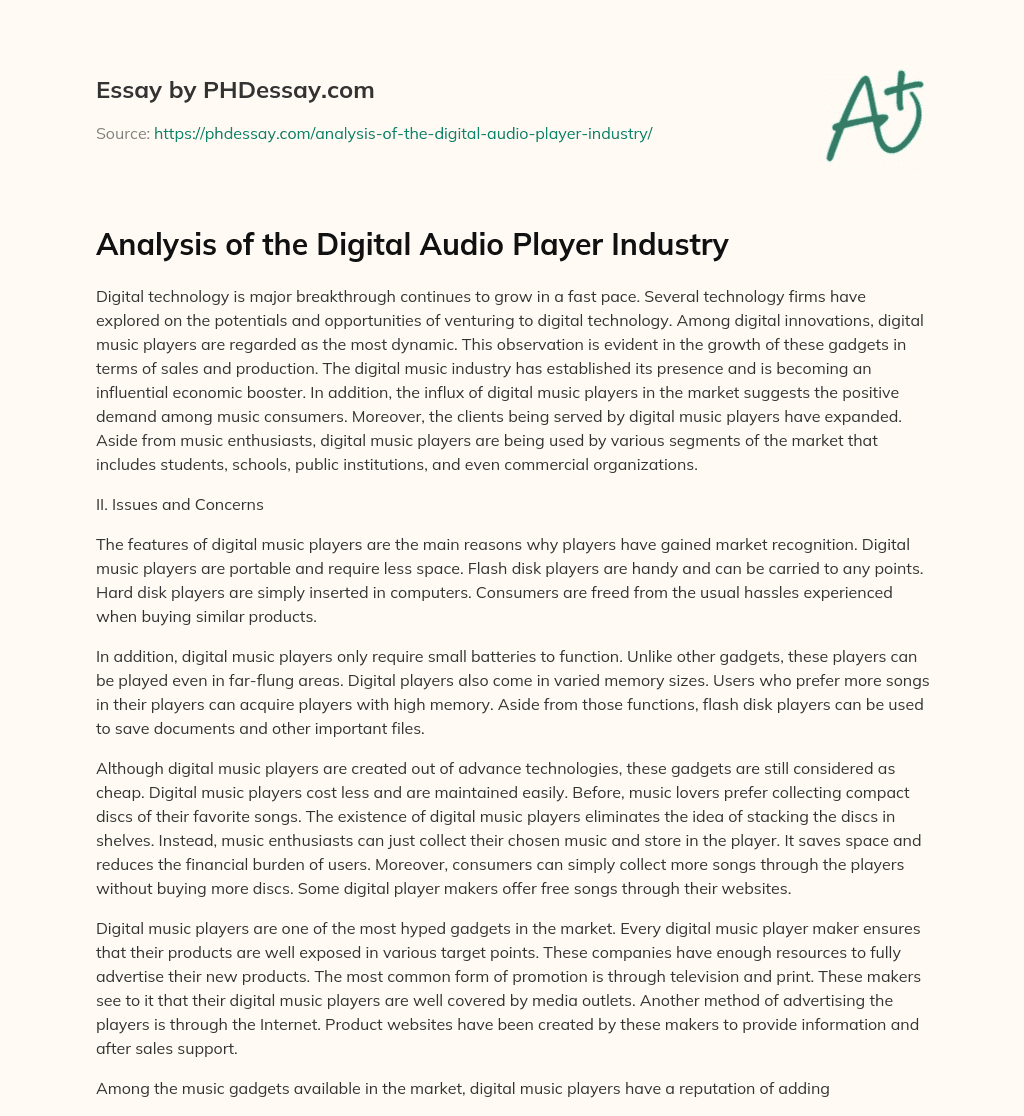 Analysis of the Digital Audio Player Industry essay