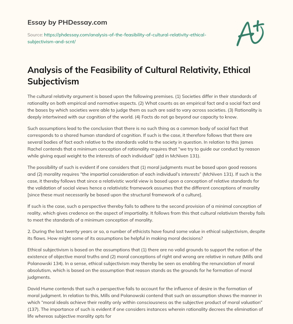 Analysis of the Feasibility of Cultural Relativity, Ethical Subjectivism essay
