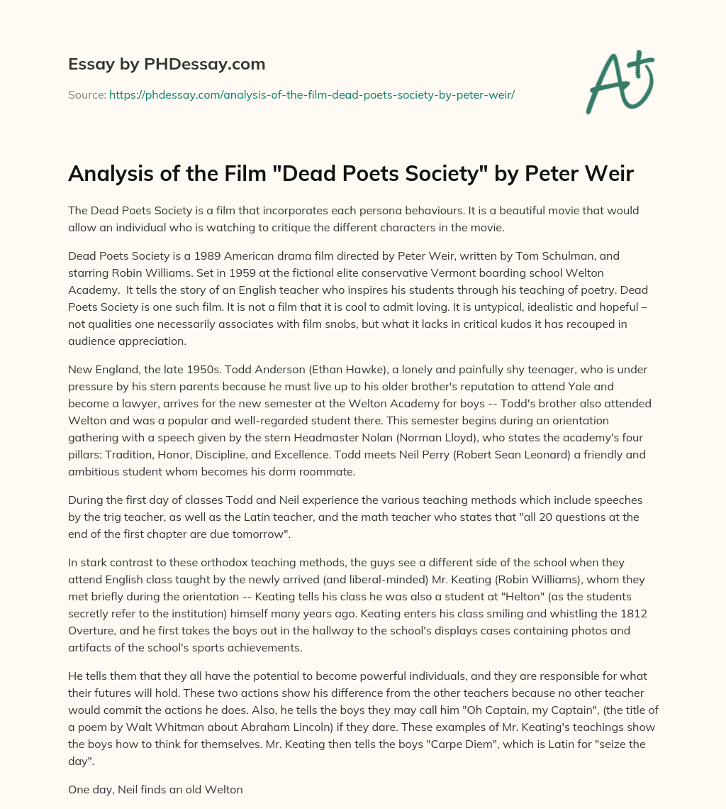 Analysis Of The Film Dead Poets Society By Peter Weir PHDessay