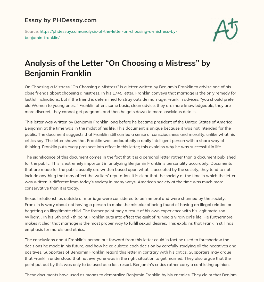 Analysis of the Letter “On Choosing a Mistress” by Benjamin Franklin essay