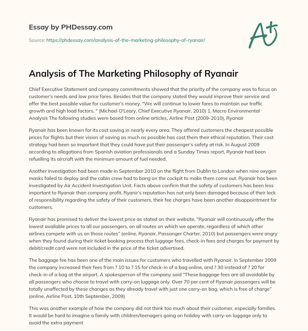 Analysis of The Marketing Philosophy of Ryanair essay