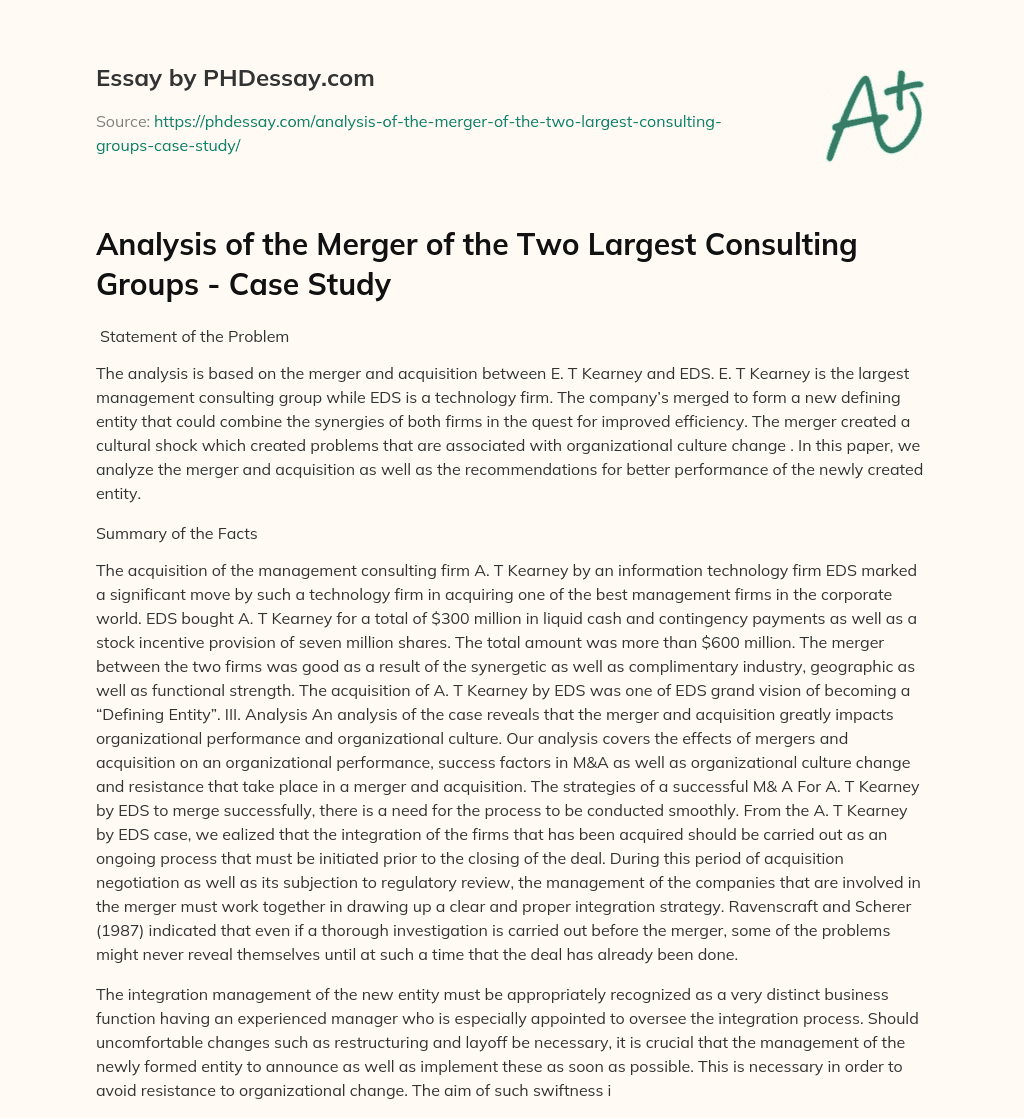 Analysis of the Merger of the Two Largest Consulting Groups – Case Study essay