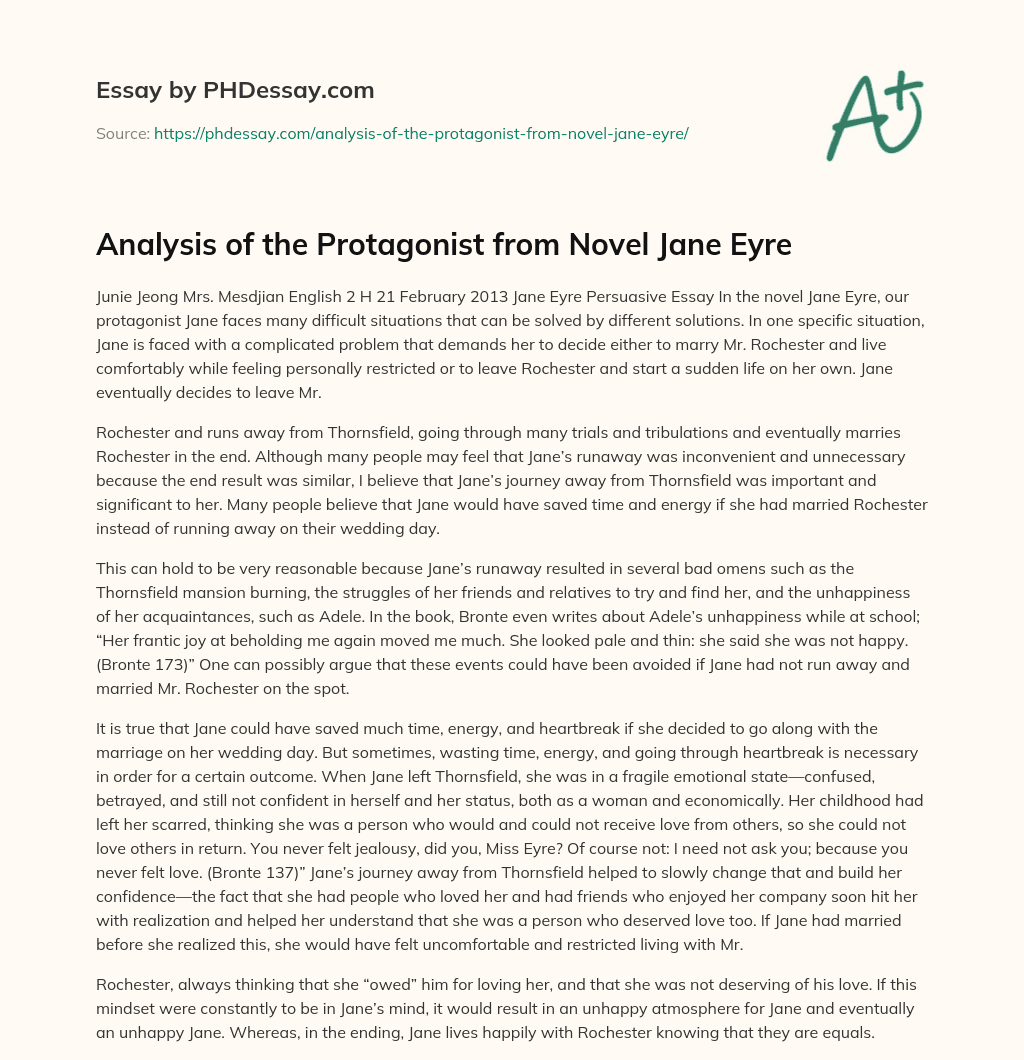 Analysis of the Protagonist from Novel Jane Eyre essay
