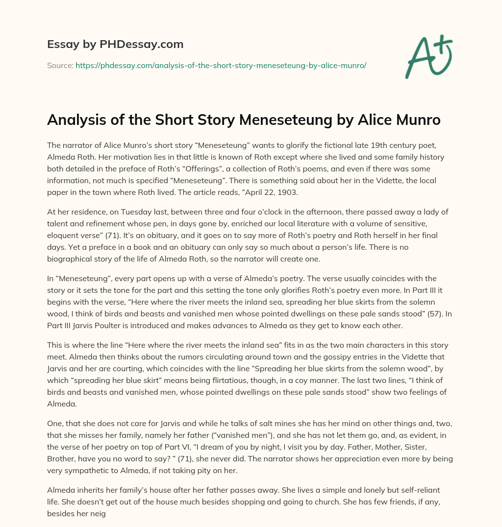 Analysis of the Short Story Meneseteung by Alice Munro essay