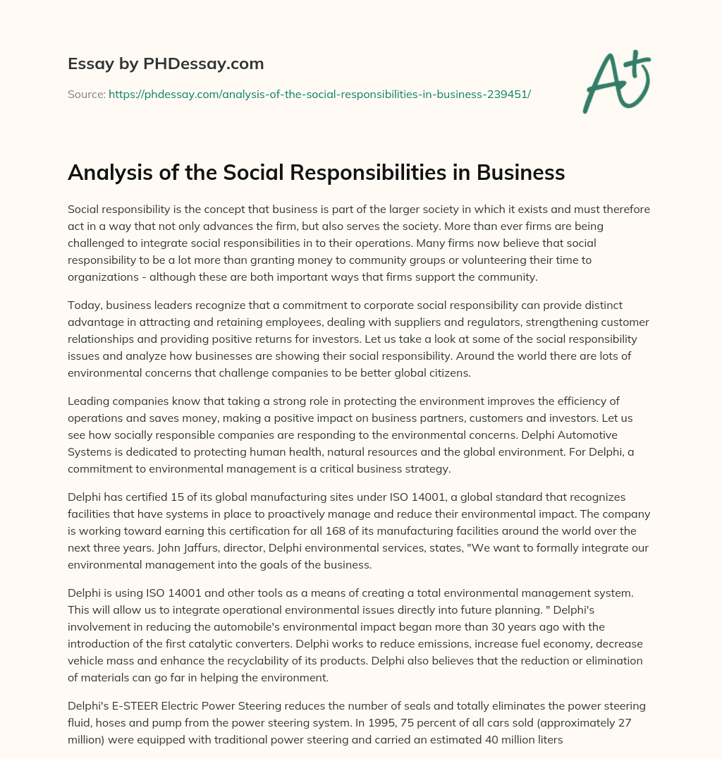 Analysis of the Social Responsibilities in Business essay